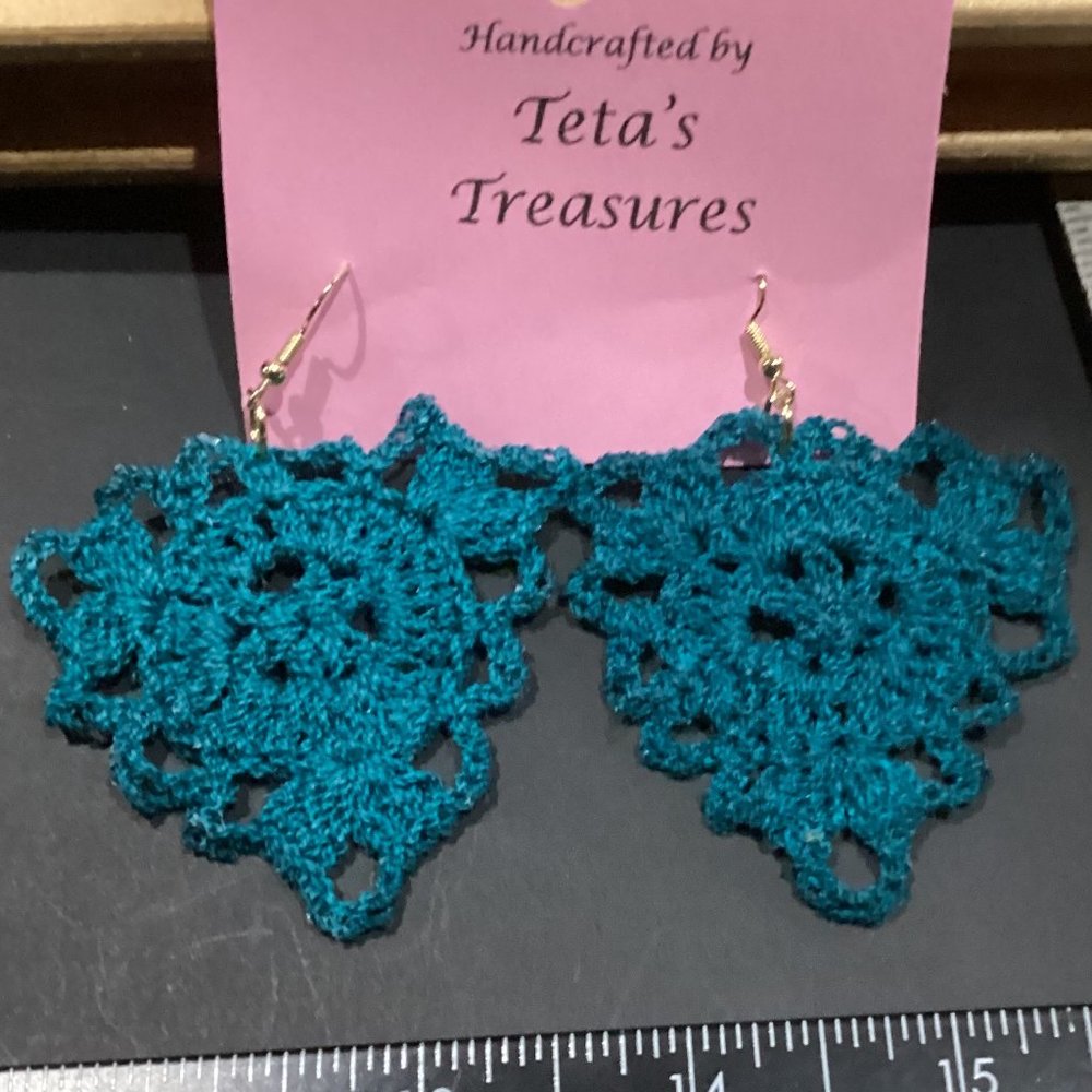 Earrings Teal Green Triangle Crocheted Crochet Hand Crafted